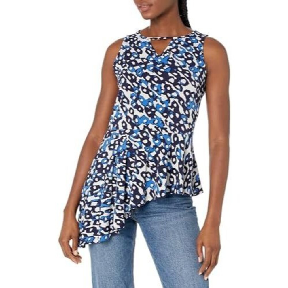 LEOTA Lulu Cascade Top S Printed Tunic Asymmetric Tank Blue Keyhole EUC B26